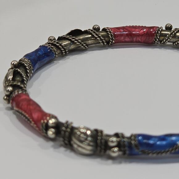 Vintage Boho Ornate Pink Blue Enamel Silver Wire Wrapped Bangle Bracelet - Picture 10 of 14